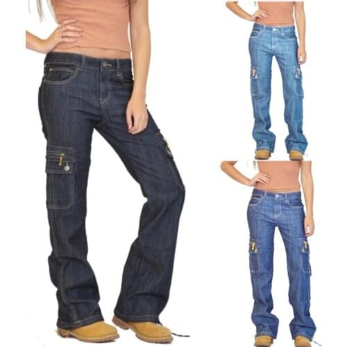 Newest Hot Women Stretch Straight Loose Mid Waist Denim Pants Big pocket Pants Jeans Trousers XS S M L XL XXL 3XL 4XL