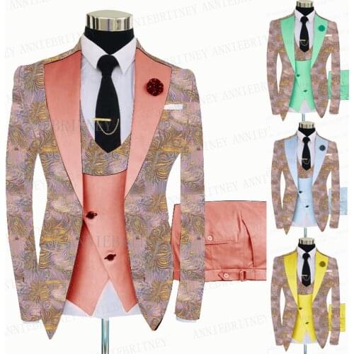 New Pink Floral Printed Wedding Men Suit 3 Pieces Slim Fit Groom Shiny Jacket Suit Blazer Coral Red Double Breasted Vest Pants