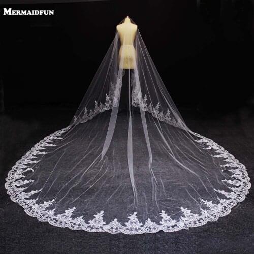 Real Photos Luxury Long 5 Meters Lace Edge One Layer Wedding Veil WITHOUT Comb High Quality Bridal Veil Wedding Accessories