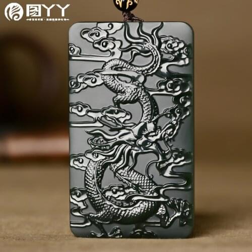 Natural A hetian jade hollow hand carved mascot dragon black green jade pendant unique design jadeite jade necklace jewelry