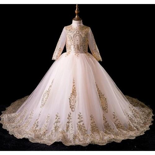 Princess Dress Golded Sequin Lace Flower Girl Dresses Children Clothes Formal Evening Party Wedding Dress Girls Prom Gowns