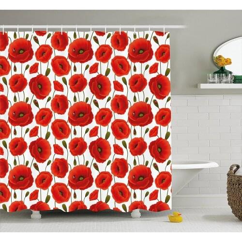Poppy Shower Curtain Spring Flowers with Ladybugs Animals and Plants Flora and Fauna Nature Waterproof Polyester Bath Curtains