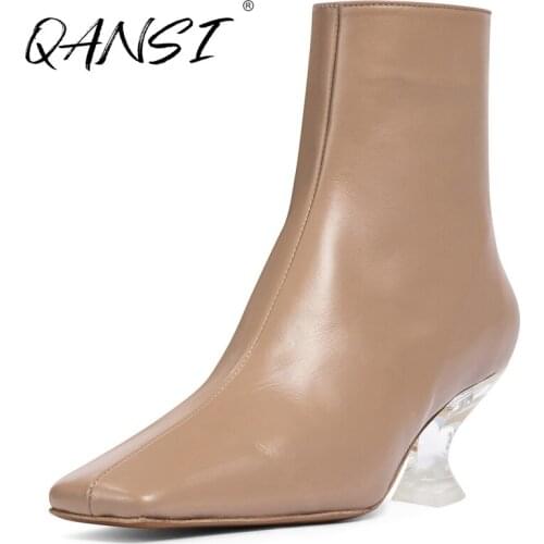 Winter Leather Square Toe Ankle Boots for Women Clear Alien Heels Womens Boots Zip Transparent Low Heel Concise Casual Boots
