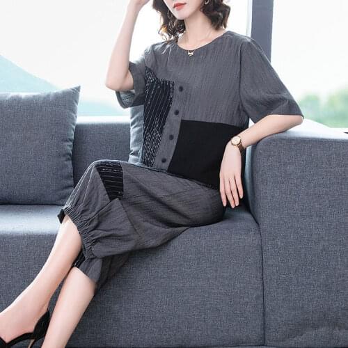 2021 Summer Cotton 2 Piece Sets Middle-aged Women Plus Size 5XL O-neck Top + Casual Pants Suits Korean Womens Set Femme X155