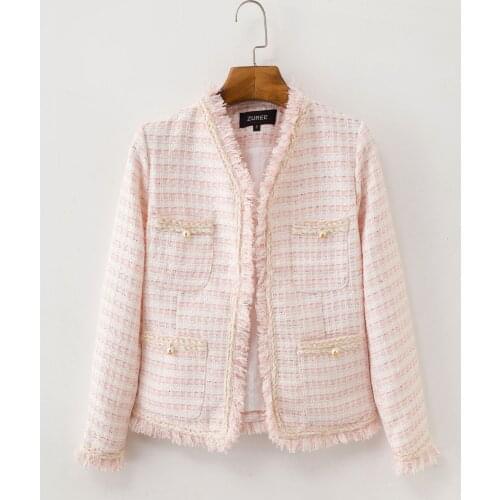 Womens Short French Celebrity Temperament in 2021 Spring and Autumn Pink Tweed Knitted Autumn and Winter Top