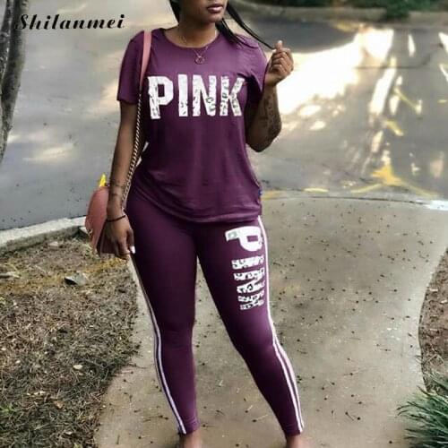 Pink Letter Print Tracksuit Women 2019 Plus Size Sportsuit 3xl T-Shirts And Skinny Pants Sets Suits Women Casual Two Piece Set