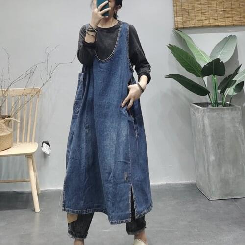 Large size Dress Women 2021 New Autumn Casual Loose Denim Dress 2021 Ladies O-Neck Sleeveless pocket Vintage Dress