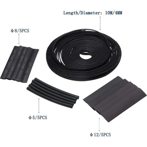 10M Insulation Black Braided Sleeves 4/6/8mm Tight PET Expandable Cable Sleeve Wire Protection and Black Heat Shrinkable Tube