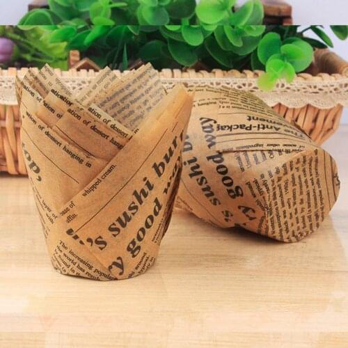50pcs Newspaper Style Cupcake Liner Baking Cup Gift For Wedding Party Tulip Muffin Candy Moon Cake Wrapper Box Container Holder