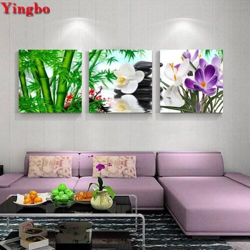5D Cross Stitch Diy Diamond Painting Orchid stone bamboo Diamond Round Square Drill Diamond Embroidery 3pcs/set Mosaic Decor