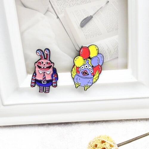 Happy rabbit goes to school Enamel Brooch Multieyed bird Lapel Pin Bag balloon fun Badge Lovely animal jewelry gift