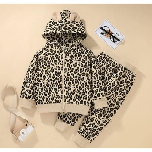 Kid girl leopard print clothes set long sleeve zipper jacket+pants 2pcs baby toddler outfit 2021 autumn fashion cotton 2-6Y