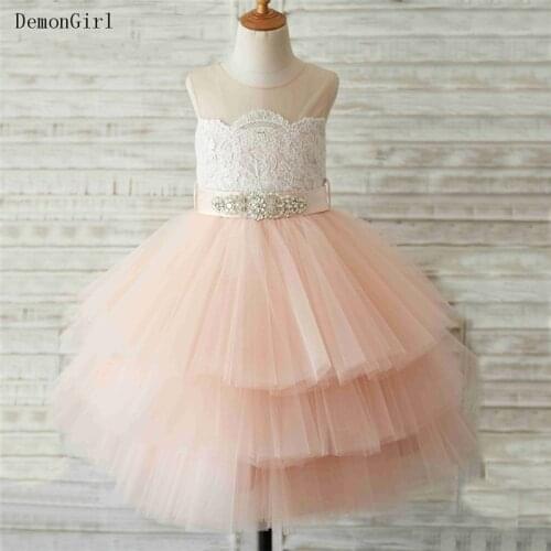 Pink Knee Length Flower Girl Dress Lace Beaded Sash Kids First Communion Dresses For Girls