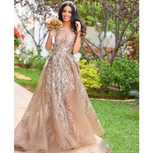 Pretty Champagne Lace A-line Bridal Dresses Unique Lace Beaded Long Women Formal Event Party Gowns Sexy See Thru Back