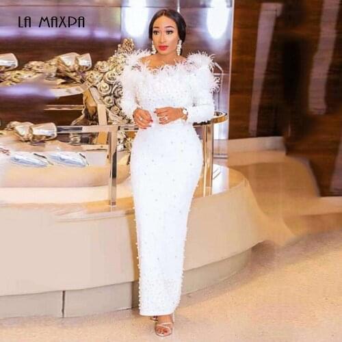 Elegant Pearl Feather Embellished Off-the-shoulder Lace Dress Long Sleeve Twill Collar Back Slit Rivet Long Nightclub Dress