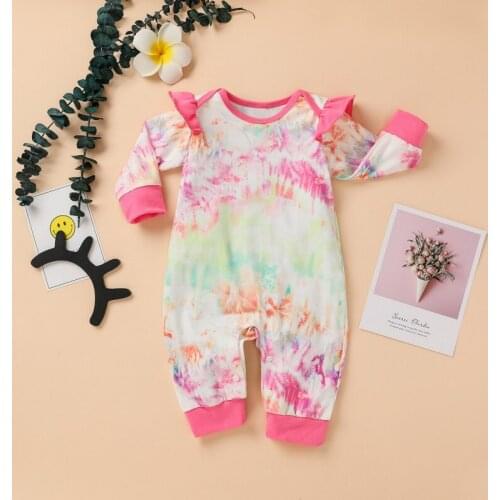 Fashion New Born Baby Girl Romper Flying Long Sleeve Tie Dye Colorful Baby Bodysuit Cotton Autumn Winter Baby Girl Clothes 3-12M