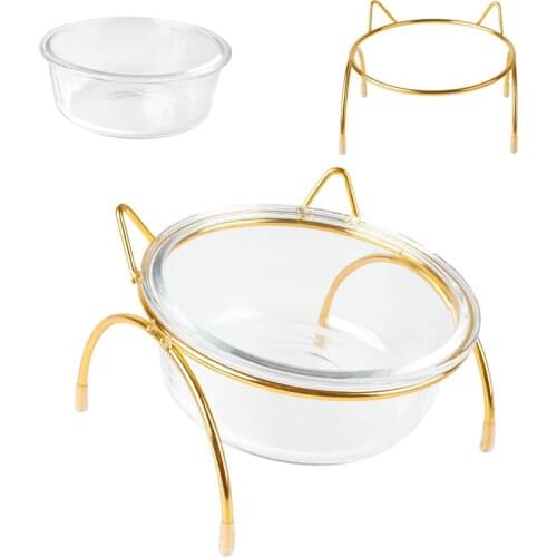 Cat Feeder Bowl Tilted Design Clear Glass Bowl Kitten Food Water Bowl Cat Water Bowl With Iron Stand Cat Food Container