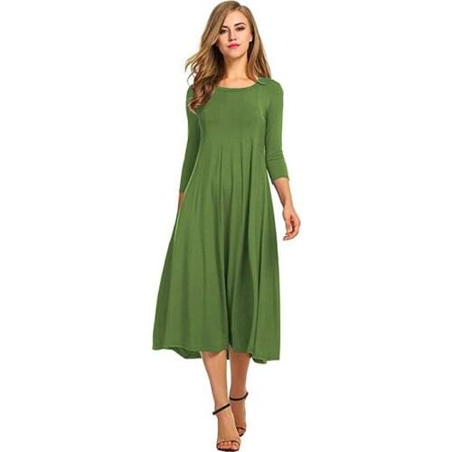 Summer Solid Color Half Sleeve Women Long Dress Mid Waist Casual Loose O-neck Elegant Ladies Holiday Party Dress