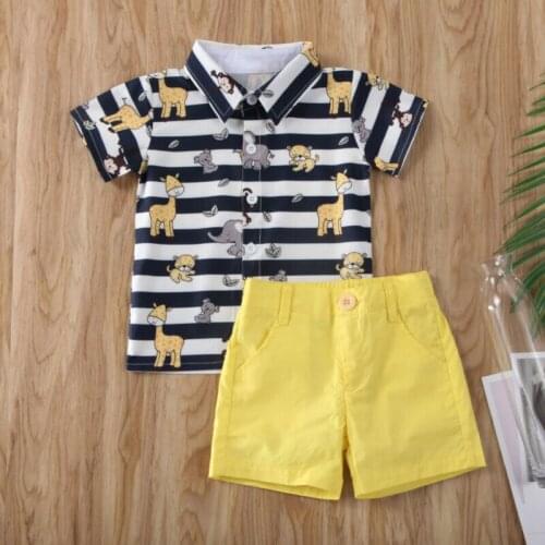2PCS Summer Cool Kids Baby Boy Gentleman Clothes Fashion Infant Striped Animal Print Tops+Shorts Beach Set 6M-5Years