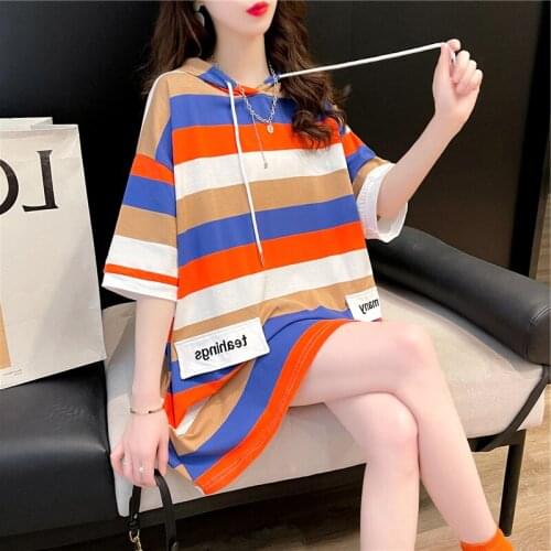 Summer T-shirt striped color matching short-sleeved hooded loose split casual long-matched T-shirt college style female