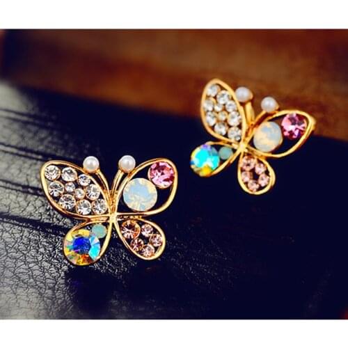Fashion Hollow Luxury Bright Colorful Cystal Simulated Pearl Butterfly Earrings Delicate Girlfriend Gift New