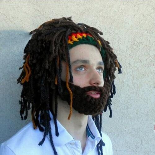 Men hat knitted hat Handmade Wig Beard Woolen Hat Funny Beard Rasta Hat Halloween funny hat personality cosplay decoration hat