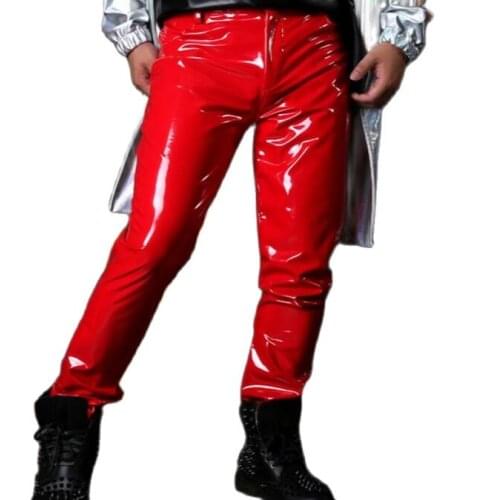 Men Red Patent Leather Pant Custom Made Male Fashion Singer Dancer Hip Hop Style Slim Fit Trousers Stage Show Costumes M-2XL