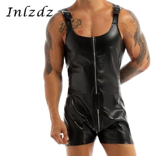 Mens Lingerie Sexy Bodysuit Faux Leather Sleeveless Soft and Snug-fitting Zipper Leotard Bodysuit Clubwear with Bulge Pouch