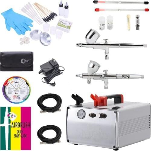 OPHIR 2 Sets Double Dual Action Airbrush Kit & DC 12V Air Compressor with Tank & Color Wheel & Accessories Set for Hobby Model