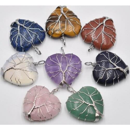 Wholesale 6pcs/lot good quality white Color Wire Wrap handmade tree of life heart shape natural stone mixed pendants free