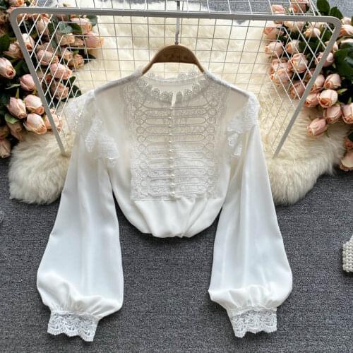Autumn Womens Clothes 2021 New Womens Shirt Retro Embroidery Lace Patchwork Lantern Sleeve Pearl Button Slim Blouse Tops