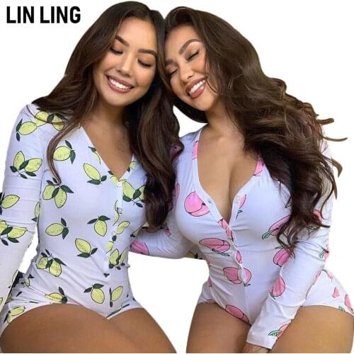 LINLING Sexy Tight Overall Pants Set Women Solid Fruit Print Casual Home V-Neck Long Sleeve Button One Piece Shorts