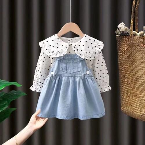 Girls Dress 2021 Winter Dress Long Sleeve Girls Clothes Top Coat+ Dress 2pcs children set Dot shirt Costume Braces skirt2-6T