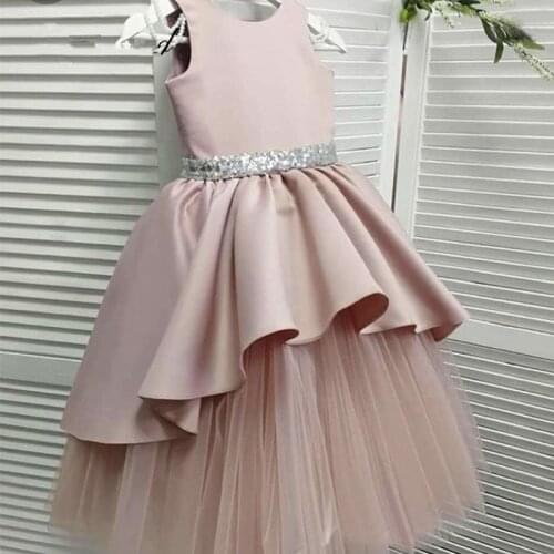 A-Line Pink Flower Girl Dresses Pearls Shoulder Layers Evening Kids Dress Sequin Sashes Girls Ball Gown Vestidos