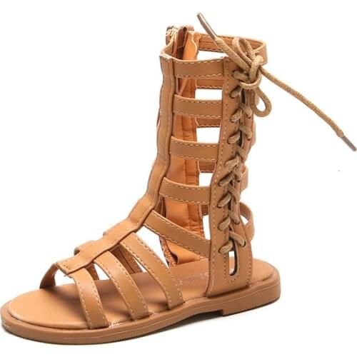 Summer High Tube Boots Sandals Toddler Baby Gladidator Flats Princess Party Dress Dance Soft Shoes Bandage Roman Sandalias 21-30