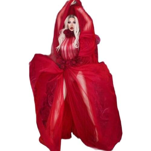 Red Rose Three-Dimensional Decoration Mesh Gauze Jumpsuit Long Trailing Dress Nightclub Performance Stage Wear Women/Men