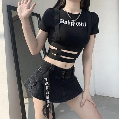 Streetwear Punk Hollow Out Black T Shirt Harajuku Goth Letter Print Bodycon Short Sleeve Top Women Sexy Basic Crop Tops