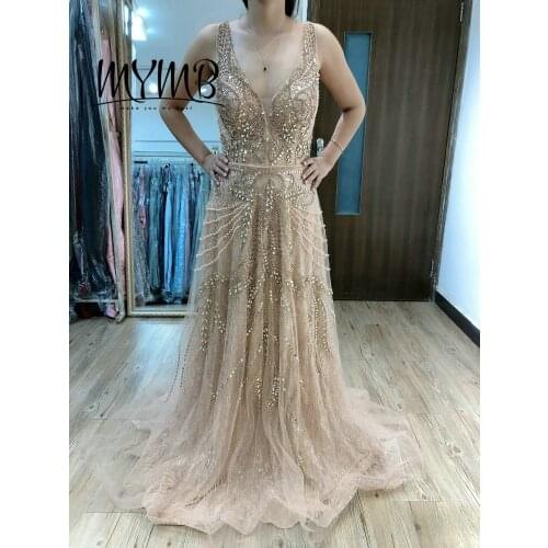 Sleeveless V Back Gold A Line Beading Prom Dress 2021 MYMB Vintage Designer Dress MY21120