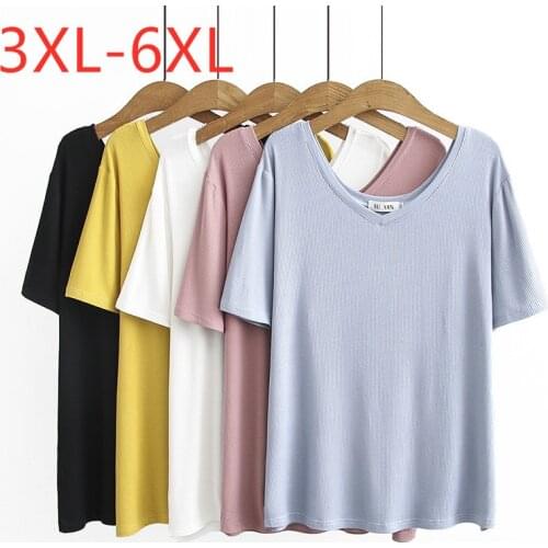 New 2021 summer plus size tops for women large loose casual short sleeve cotton elastic V neck T-shirt blue pink 3XL 4XL 5XL 6XL