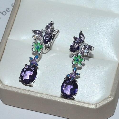 2019 New Epoxy Purple Flower with Zircon Stone Butterfly Long Stud Earrings for Women Fashion Jewelry Korean Earrings