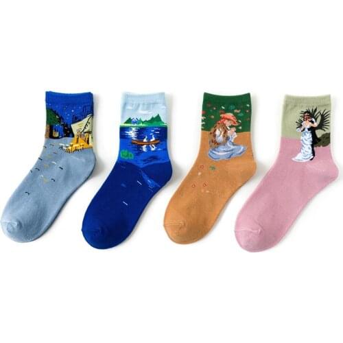 Women Socks Art Creative High Quality Paitings Sky Hill Sea Cotton Adult Casual Crew Socks Creative Autumn Winter