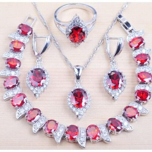 Red Stone Zirconia Silver Color For Women Jewelry Sets Bracelet Necklace Pendant Earrings Ring QS0513