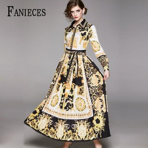 Runway Maxi Dresses 2021 Women High Quality Collar Vintage Print Floor Length Long Party Dress Vestidos Robe Femme dropshipping