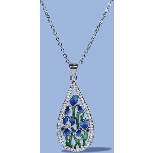 925 Silver Womens Necklace Fashion Blue Flower Ladies Pendant Handmade Enamel Jewelry Wedding Accessories Pendant Necklace