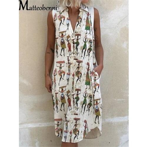 Vintage Cartoon Character Print Tank Dress Women Loose Sleeveless Pocket Long Dress 2021 Summer V-Neck Retro Casual Ladies Dress
