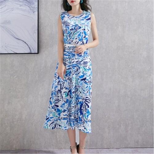 Miyake pleated French dress womens summer 2021 new fashion and comfortable printing loose large size mid-length vest dress