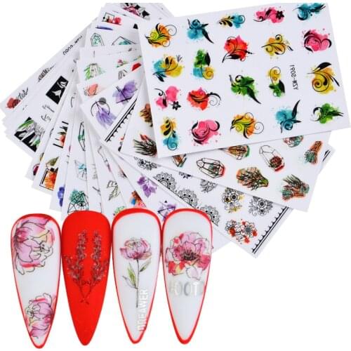 1 Sheet Leaves Flower Nail Stickers Geometry Water Decals Abstract Face Slider Nail Foil Adhesive Wraps DIY Nail