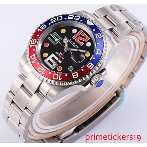 40mm Bliger black dial GMT date window automatic movement mens watch B45