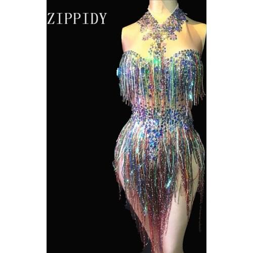 New design Sexy Colorful Fringes Rhinestones Bodysuit Women Stage Dance Costume Dance Female Singer Show Bright Leotard
