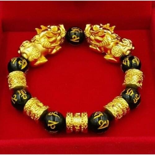 Shajin six son Buddha bead hand string gold plated obsidian double PI xiu bracelet